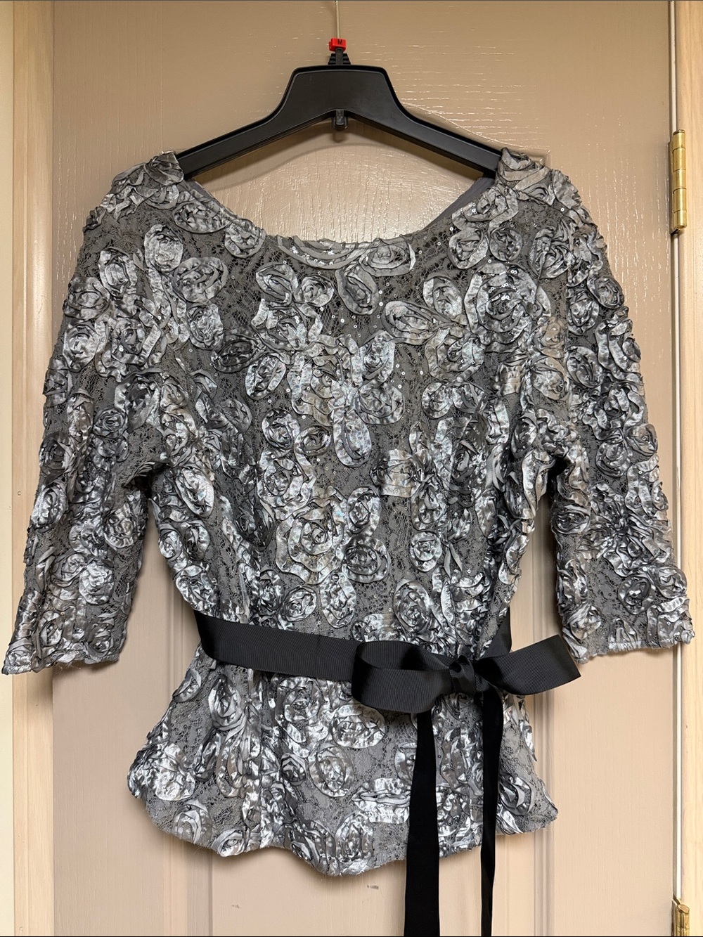 Alex Evenings Embellished Heather Gray Floral Peplum Top with Black Sash